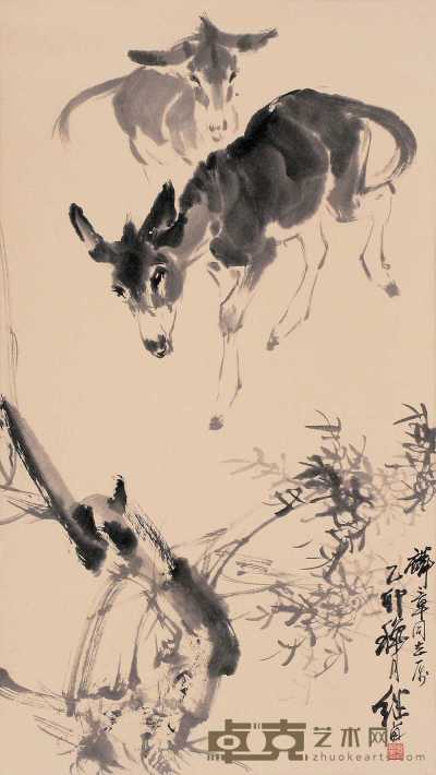 刘继卣 乙卯（1975年）作 双驴图 立轴 69×39cm